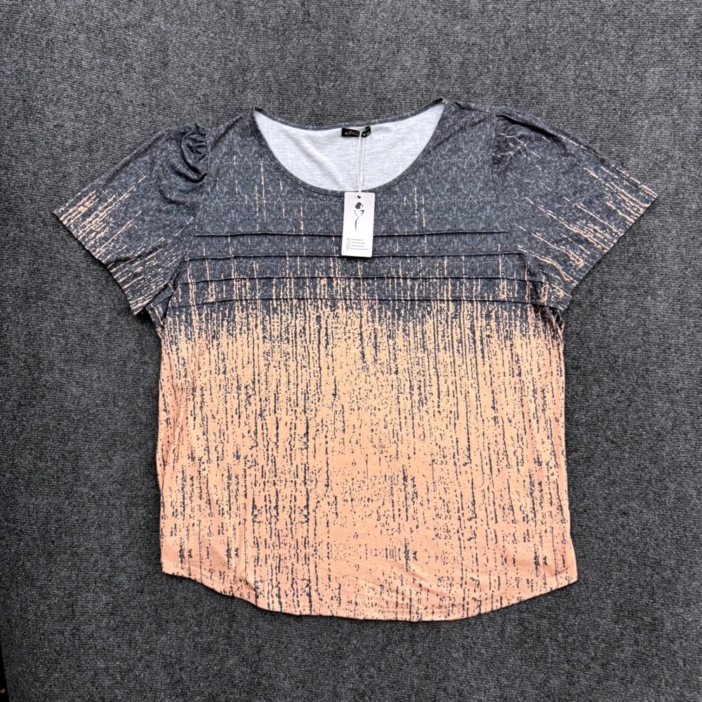 Ofeefan Plus Size 3XL Shirt Grey Peach Ombre Pleated Scoop Neck